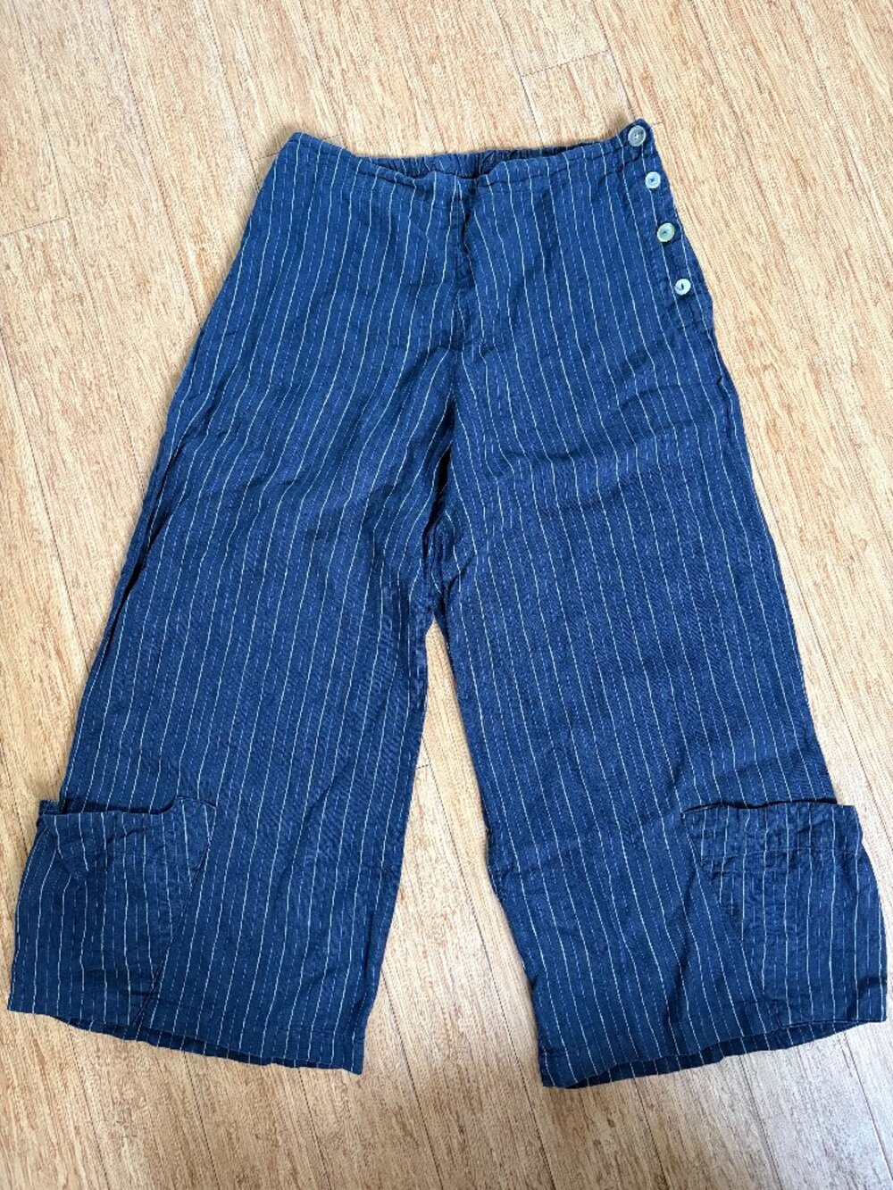 BRYN WALKER Linen Blue Stripped Wide Lagenlook Pockets Pants